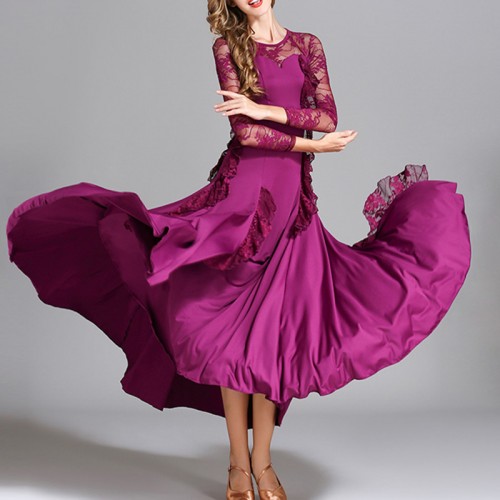 Turquoise yellow purple lace ballroom dance dresses for women young girls long sleeves professional foxtrot smooth tango waltz dance gown